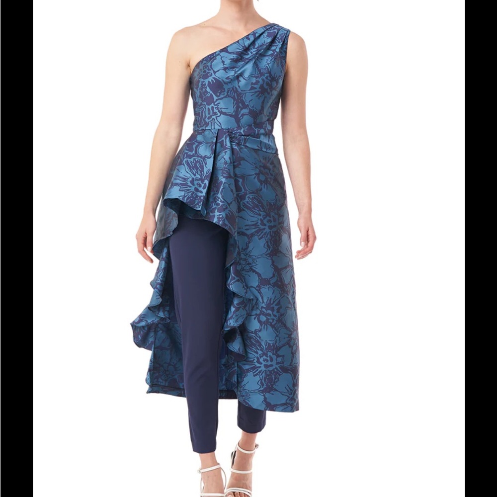 Kay Unger Blue Floral One Shoulder Dress with Pants